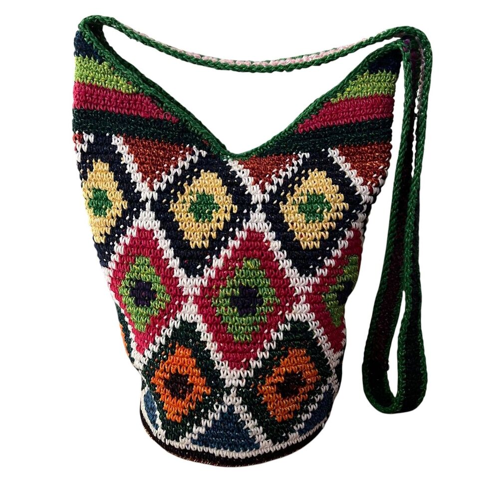 Crochet Bucket Bag Women's Medium Multi Boho Geometric Shoulder Purse Jamaica